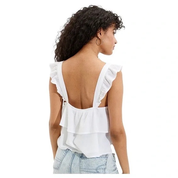 American Eagle Ruffle Button Front White Tank Top Blouse - Picture 2 of 9